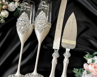 Wedding serving set, wedding knife and server, wedding glasses