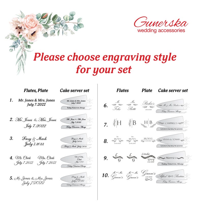 May include: A guide to different engraving styles for wedding flutes, plates, and cake server sets. The image shows ten different engraving styles with examples of names and dates.