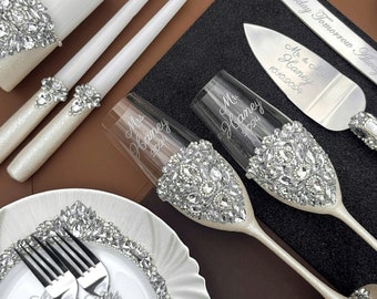 Personalized Wedding Champagne Flutes & Cake Server Set: Rhinestone Crystal