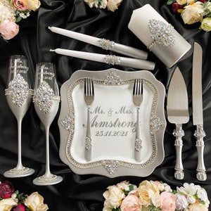 gray cake cutting set wedding cake knife and cutter wedding glasses set Wedding serving set