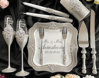 gray cake cutting set wedding cake knife and cutter wedding glasses set Wedding serving set