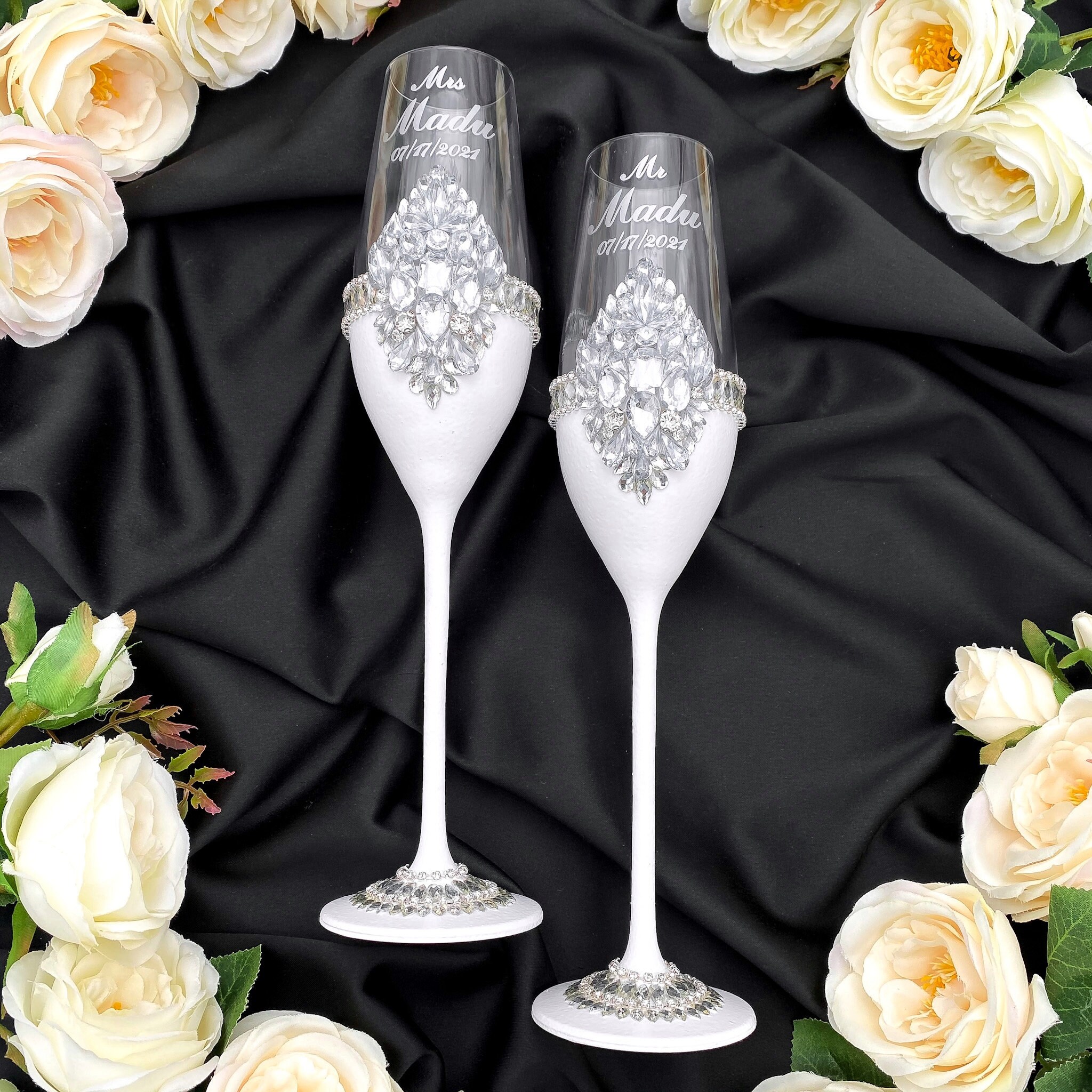 White wedding champagne glasses and cake server set Plate and Etsy