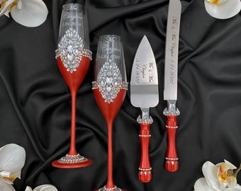 Red Wedding serving set and wedding glasses red cake cutting set Red wedding toasting flutes  Cake knife and cutter  wedding glasses set