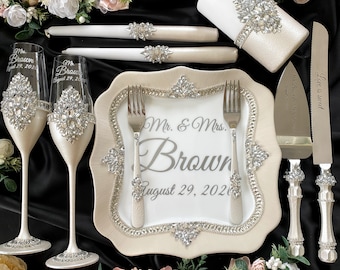 Silver wedding champagne glasses, silver wedding cake cutting set, bling wedding unity set, silver wedding gift for couple