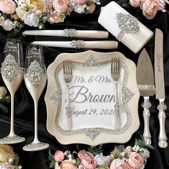 Engraved Wedding Cake Cutting Set with Champagne Flutes & Candles