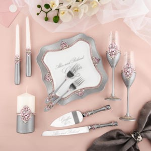 gray glasses wedding  and cake knife set, cake cutting set wedding cake knife and cutter wedding flutes set Wedding serving set