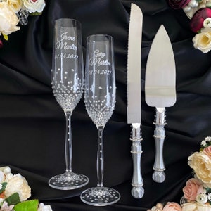 Wedding serving set Unity candles set  gray wedding glasses and cake cutting set Wedding toasting flutes