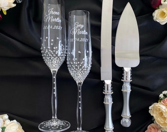 Wedding serving set Unity candles set  gray wedding glasses and cake cutting set Wedding toasting flutes