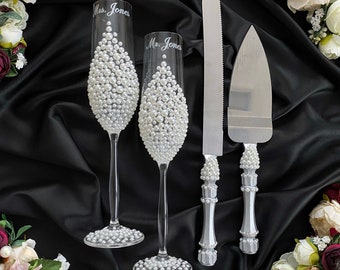 Pearl wedding serving set wedding cake cutting set Wedding toasting flutes Unity candles set Cake knife and cutter wedding glasses