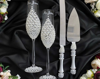 Pearl Wedding Serving Set: Champagne Flutes, Cake Knife, Unity Candles