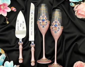 Rose gold navy wedding cake cutting set Pink blue wedding flutes Blush blue wedding decorations Rose gold wedding cake cutter