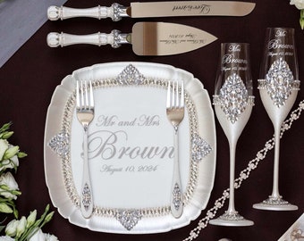 wedding glasses and cake cutter set, cake server and knife set for wedding, wedding cake plate and forks