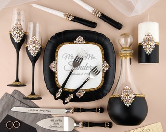black gold wedding glasses, black  gold cake cutting set, Wedding toasting flutes Wedding serving set