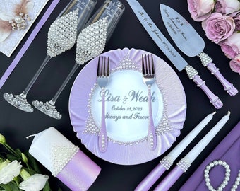 Pearl cake serving set Wedding glasses Unity candles set Cake knife and cutter Peral Wedding cake cutting set