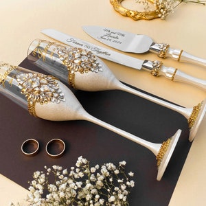 Wedding glasses and cake knife set, wedding flutes, wedding cake plate with forks