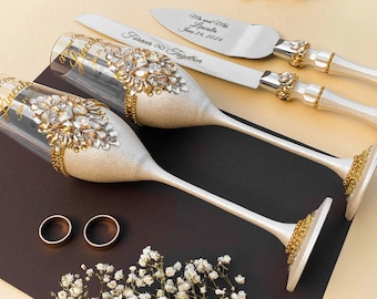Juego de copas de champán y cuchillos para tarta de boda personalizados