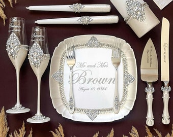 Wedding glasses and cake server set, Wedding champagne flutes, wedding cake cutting, wedding knife server