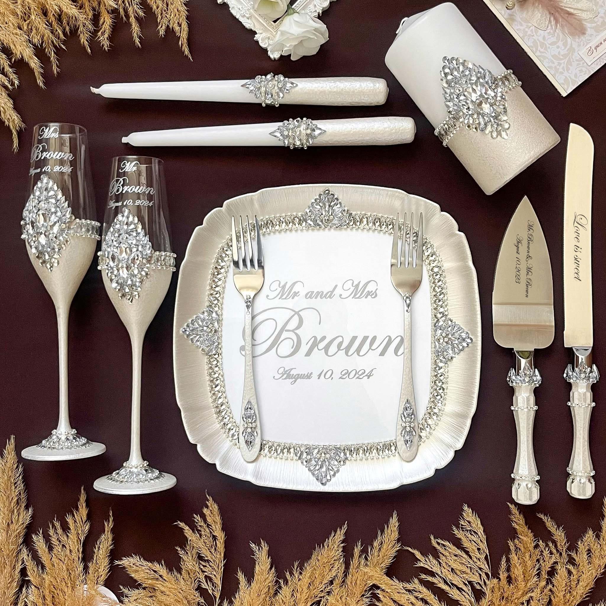 Engraved Wedding Set Toasting Flutes, Cake Server & Knife, Unity Candles