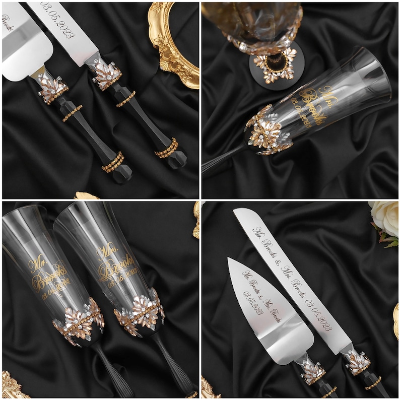 May include: A wedding cake cutting set with two black handled knives and two champagne flutes. The knives have gold accents and are engraved with the date "03.05.2023" and the names "Mr. Brooks & Mrs. Brooks". The champagne flutes are also engraved with the date and names, and have gold accents and rhinestones.