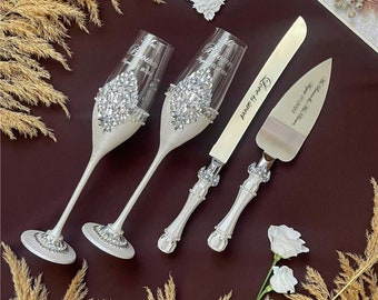 Silver wedding cake cutting set Wedding toasting flutes  Cake knife and cutter Wedding serving set wedding party glasses