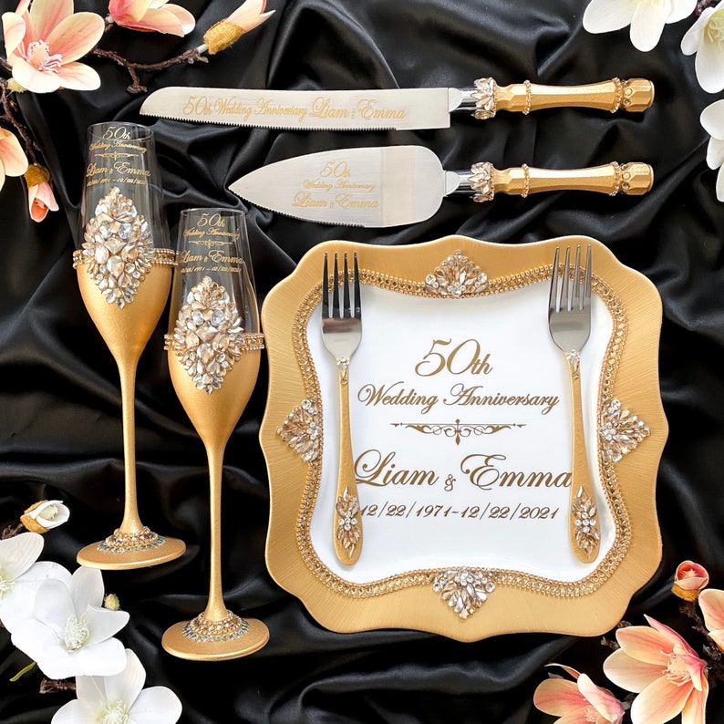luxury eating utensils set made from polished high-quality materials, engrave name, date is the perfect gift for 50th wedding anniversary of parents