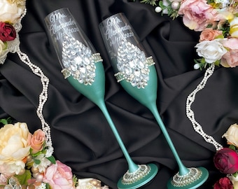 Mint Wedding Cake Cutting Set: Rhinestone Champagne Flutes & Server