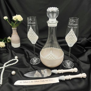 Pearl wedding glasses and cake cutting set, Wedding toasting flutes, Wedding decanter, Cake knife and cutter Wedding serving set