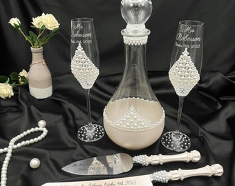Pearl wedding glasses and cake cutting set, Wedding toasting flutes, Wedding decanter, Cake knife and cutter Wedding serving set