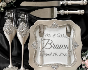 Wedding flutes and cake server sets Silver wedding glasses and cake cutting set, wedding champagne flutes, cake knife wedding