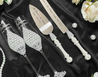 Pearl wedding glasses and cake knife set, wedding flutes, wedding cake plate with forks