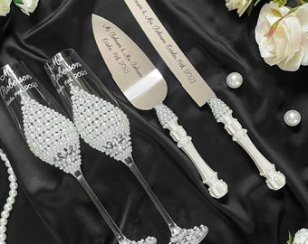 Juego de copas de boda de perla y cuchillos para pastel: copas de boda personalizadas