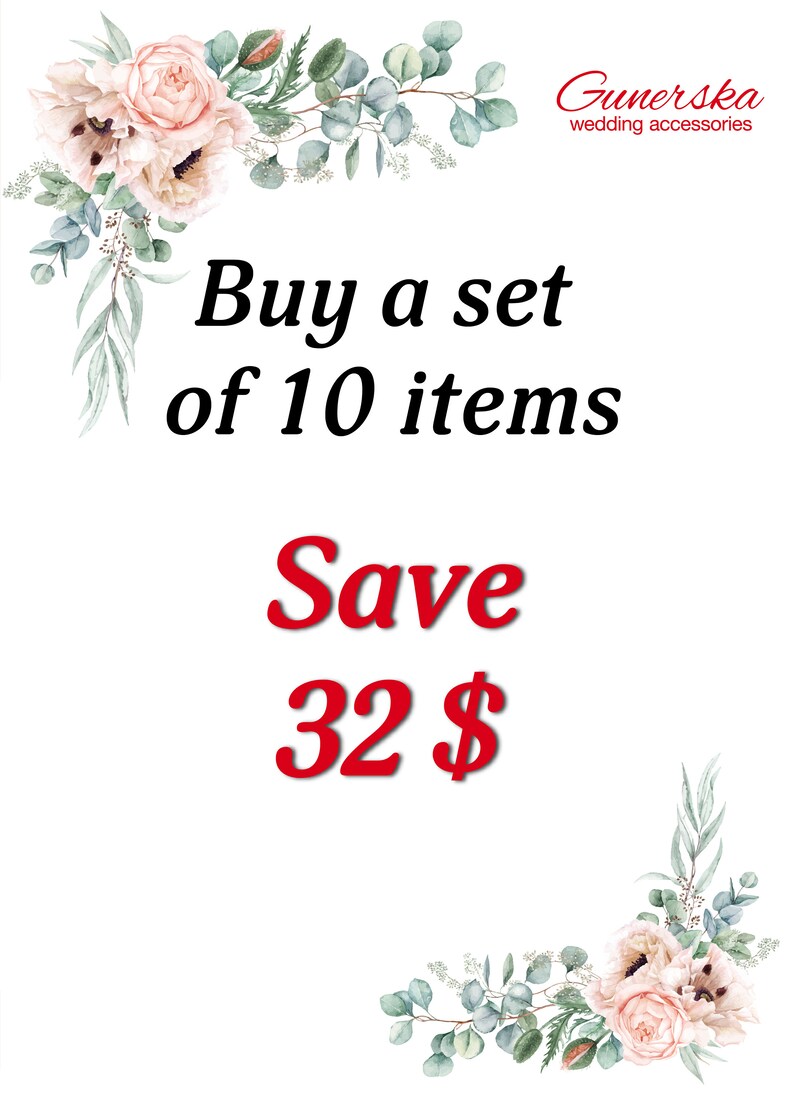 May include: A graphic with a floral border and the text "Buy a set of 10 items Save 32$" in red text.