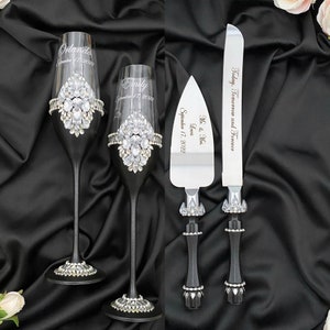 Black cake cutting set wedding, bling cake knife and cutter wedding glasses set Wedding serving set
