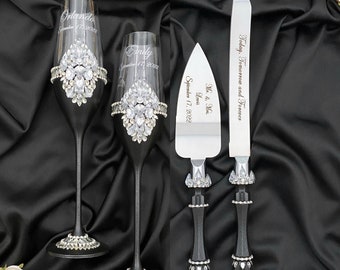 Black cake cutting set wedding, bling cake knife and cutter wedding glasses set Wedding serving set
