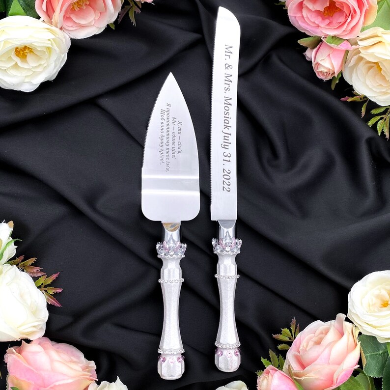 Silver Pink Wedding Cake Cutting Set Pink Wedding Knife Set Etsy