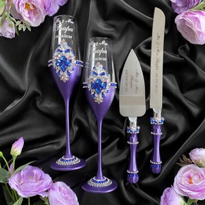 Purple wedding cake cutting set Wedding glasses Plum wedding flutes and cake serving set Purple blue wedding cake knife and server
