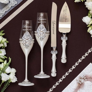 wedding glasses and cake cutter set, cake server and knife set for wedding, wedding cake plate and forks