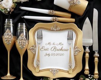 Gold Wedding Tortenheber Set: Sektgläser, Gabeln, Kuchenplatte & Kerzen