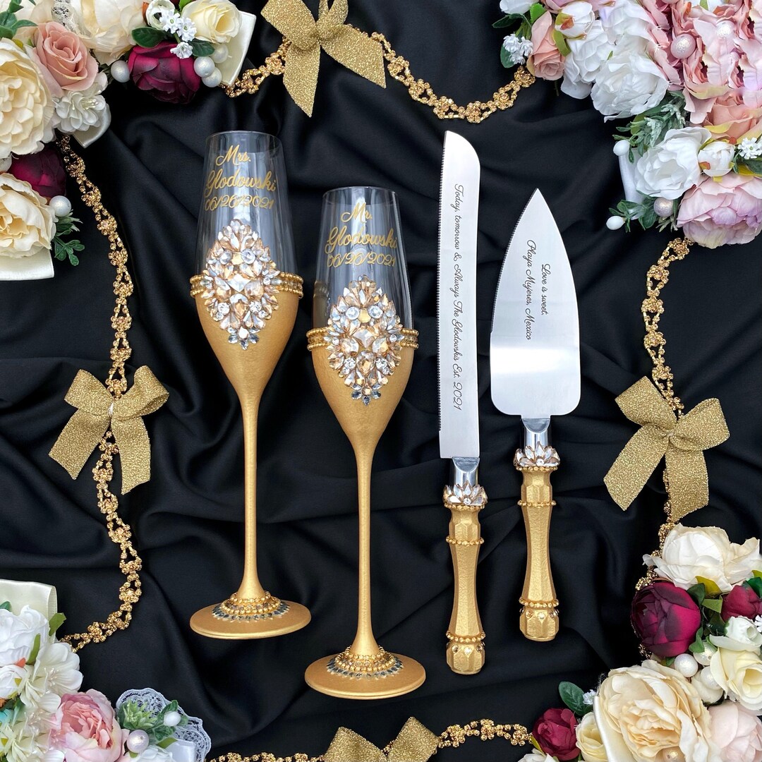 Gold Wedding Cake Cutter Set Glasses for Bride and Groom Etsy