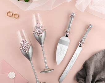 Engraved Wedding Champagne Flutes Set: Cake Server, Knife & Unity Candles