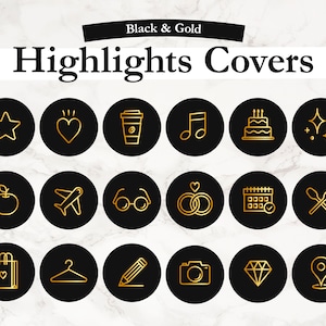 Może przedstawiać: Zestaw 16 czarnych i złotych okładek wyróżnień na Instagramie z różnymi ikonami, w tym gwiazdą, sercem, kubkiem kawy, nutami muzycznymi, tortem, błyskotkami, jabłkiem, samolotem, okularami, pierścionkami, kalendarzem, widelcem i łyżką, torbą na zakupy, wieszakiem, ołówkiem, aparatem, diamentem i szpilką lokalizacji.