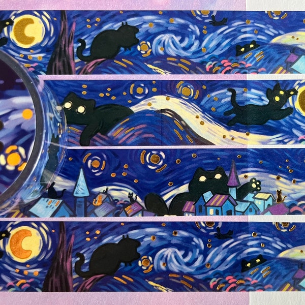 Black cat Starry night van Gogh - Gold foil Washi Tape - 2cmx1000cm