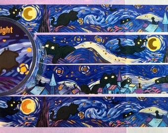 Black cat Starry night van Gogh - Gold foil Washi Tape - 2cmx1000cm