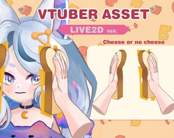 May include: A cartoon character with blue hair and a crescent moon necklace is holding two slices of bread in front of her face. The text "VTUBER ASSET LIVE2D VER. Cheese or no cheese" is visible in the image.
