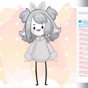 May include: A cartoon character with gray hair and a gray hoodie. The character has a pink bow in their hair and is wearing a gray hoodie. The character is standing on a pink and white background with stars.