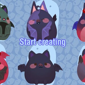 May include: Six plush toys shaped like a bat with wings and horns. The toys are in a variety of colours, including green, purple, black, and red. The toys have cute faces with large eyes and small mouths. The text "Start creating" is in the centre of the image.