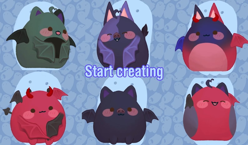 May include: Six plush toys shaped like a bat with wings and horns. The toys are in a variety of colours, including green, purple, black, and red. The toys have cute faces with large eyes and small mouths. The text "Start creating" is in the centre of the image.
