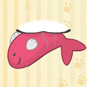May include: A cartoon illustration of a red fish with a white belly and a black outline. The fish is swimming with its tail fin extended and its mouth open. The background is a yellow and white striped pattern with paw prints.