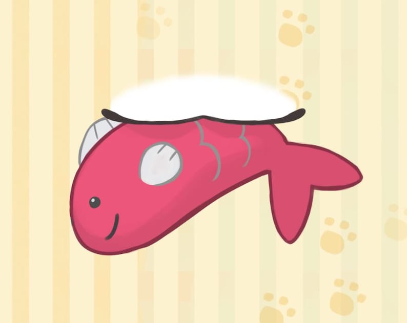 May include: A cartoon illustration of a red fish with a white belly and a black outline. The fish is swimming with its tail fin extended and its mouth open. The background is a yellow and white striped pattern with paw prints.