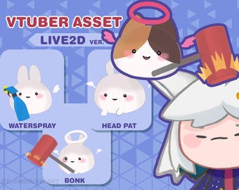 May include: A digital illustration of a white rabbit character with angel wings and a halo. The rabbit is holding a blue water spray bottle. The text "WATERSPRAY" is below the rabbit. The illustration is part of a set of assets for a VTuber, with the text "VTUBER ASSET LIVE2D VER." at the top of the image.